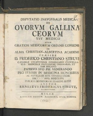 Dispvtatio Inavgvralis Medica De Ovorvm Gallinaceorvm Vsv Medico