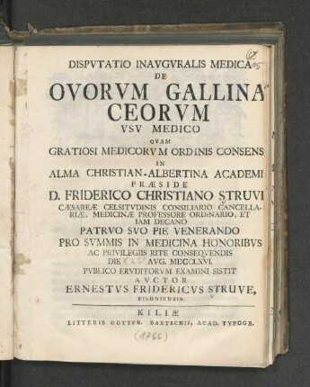 Dispvtatio Inavgvralis Medica De Ovorvm Gallinaceorvm Vsv Medico