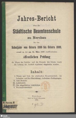 1898/99(1898): Jahres-Bericht der Städtischen Beamtenschule mit Selekta zu Nerchau : über das Schuljahr ...