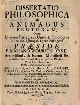Dissertatio Philosophica De Animabus Brutorum
