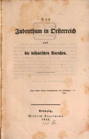 Das Judenthum in Oesterreich und die böhmischen Unruhen