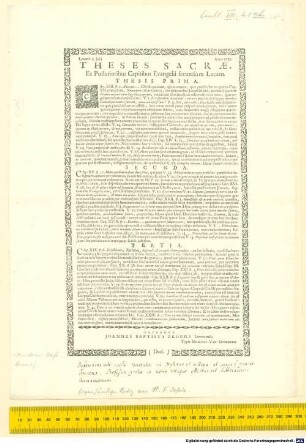 THESES SACRAE, Ex Posterioribus Capitibus Evangelii secundum Lucam. : Lovanii 3. Julii Anno 1730.