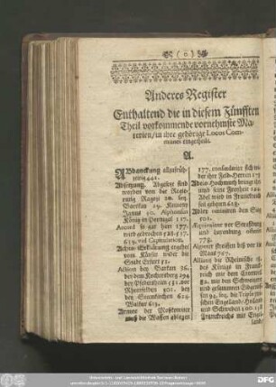 Anderes Register Enthaltend die in diesem Fünfften Theil vorkommende vornehmste Materien, in ihre gehörige Locos Communes eingetheilt.
