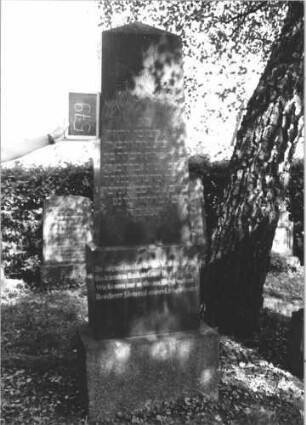 Grabstein 579 (Index: 100111462) Material: Granit Zustand: gut Maße HxBxT: 215x59x29 cm Beschreibung: Obelisk, getreppter Sockel Symbolik: gekreuzte Palmzweige Steinmetz: Jogerst: Grabstein 579