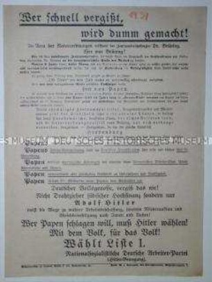 Propagandaflugblatt der NSDAP zur Reichstagswahl am 6. November 1932 mit scharfer Polemik gegen die Notverordnungen