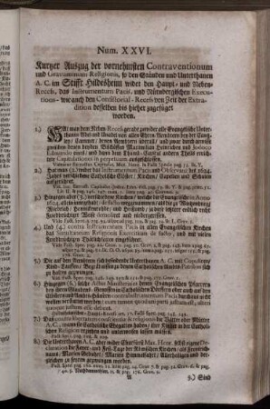 XXVI. Kurtzer Auszug der vornehmsten Contraventionum und Gravaminum Religionis, so den Ständen und Unterthanen A.C. im Stifft Hildesheim wider den Haupt- und Neben-Reces ...