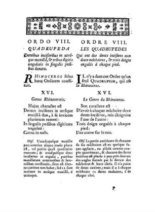 Ordo VIII. Quadrupeda dentibus incisoribus in utrâque maxillâ, & tribus digitis ungulatis in singulis pedibus donata. - Ordre VIII. Les Quadrupedes qui ont des dents incisives aux deux mâchoires, & trois doigt