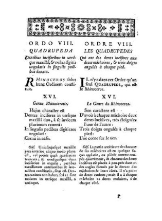 Ordo VIII. Quadrupeda dentibus incisoribus in utrâque maxillâ, & tribus digitis ungulatis in singulis pedibus donata. - Ordre VIII. Les Quadrupedes qui ont des dents incisives aux deux mâchoires, & trois doigt