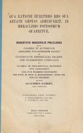 Qua ratione Euripides res sua aetate gestas adhibuerit, in Heraclidis potissimum quaeritur