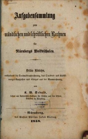 Aufgabensammlung zum mündlichen und schriftlichen Rechnen für Nürnbergs Volksschulen, 3