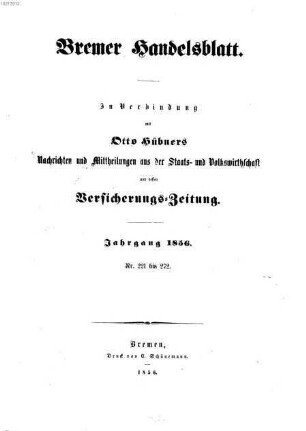 Bremer Handelsblatt : Wochenschrift für Handel, Volkswirtschaft und Statistik. 1856