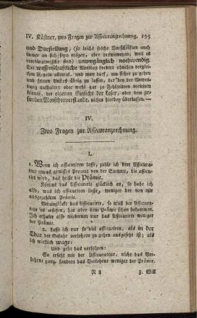 IV. Zwo Fragen zur Assecuranzrechnung.