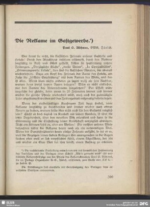 Die Reklame im Gastgewerbe