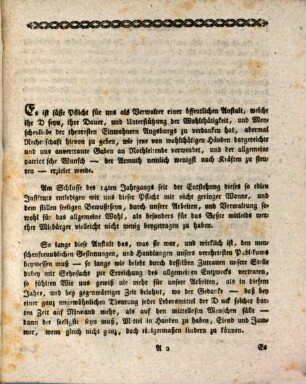 Nachricht an das Reichsstadt-Augsburgische Publikum über den gegenwärtigen Zustand der neuen Armenanstalt : für das ... Jahr. 1795 = 14. Jahr