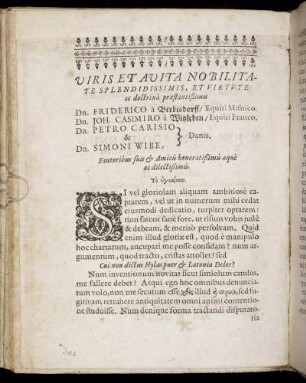 Viris Et Avita Nobilitate [...] Dn. Friderico a Berbisdorff, [...] Dn. Joh. Casimiro a Witzleben [...] Dn. Petro Carisio &. Dn. Simoni Wibe.