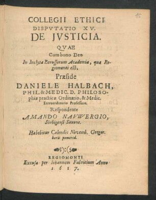 Collegii Ethici Disputatio XV. De Iusticia
