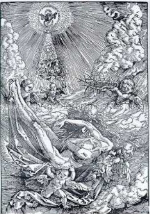 Der Leichnam Christi von Engeln in Wolken getragen