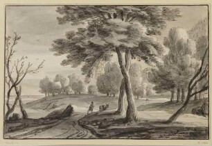 Landschaft mit großen Bäumen, vorn ein Bauer mit Kuh
