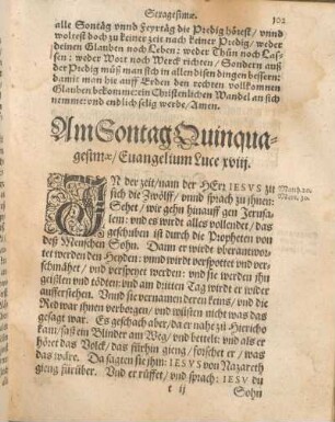 Am Sontag Quinqugesimae, Euangelium Luce xviij.