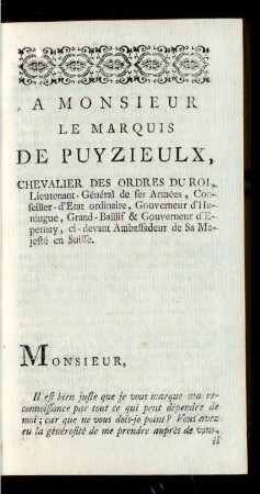 A Monsieur Le Marquis De Puyzieulx, ... .