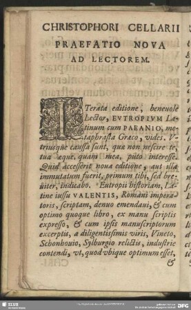 Christophori Cellarii Praefatio Nova Ad Lectorem