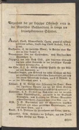 Verzeichnis der zur Leipziger Ostermesse 1792 in der Meyerschen Buchhandlung in Lemgo neu herausgekommenen Schriften