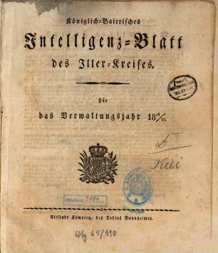 Königlich Baierisches Intelligenz-Blatt des Iller-Kreises. 1816/17 = Okt. 1816 - März 1817