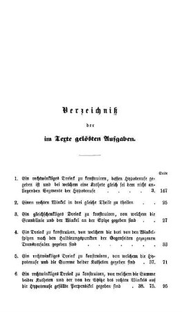 Verzeichniß der im Texte gelösten Aufgaben.