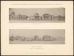 Wettbewerb Museumsinsel, Berlin: Projekt IX, Ansicht vom Kupfergraben, Längsschnitt (aus: Concurrenzentwürfe wegen Bebauung d. Museumsinsel zu Berlin. Auswahl d. preisgekrönten u. besten Entwürfe, Berlin 1884)