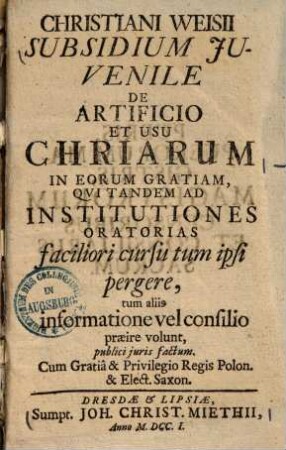 Subsidium iuvenile de artificio et usu chriarum