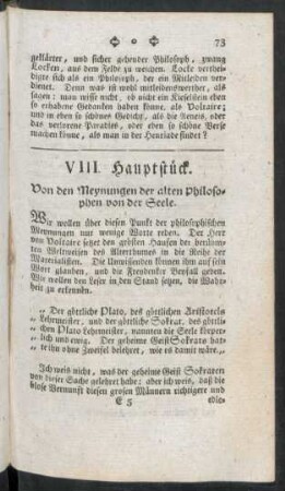 VIII. Hauptstück. Von den Meynungen der alten Philosophen von der Seele