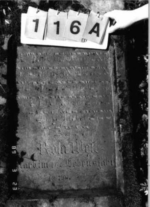 Grabstein 116 (Index: 99792212) Material: Sandstein Zustand: leicht verwittert, Stele liegend Maße HxBxT: 108x54x10 cm Beschreibung: Stele, giebelartiger Abschluß, Schriftfeld eingetieft Symbolik: Rundbogenfries, Blüte: Grabstein 116A