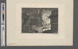 [Brennende Bauernhäuser am Flussufer]