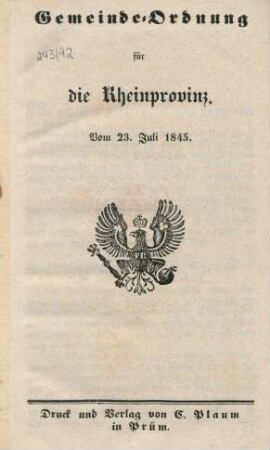 Gemeinde-Ordnung für die Rheinprovinz : vom 23. Juli 1845