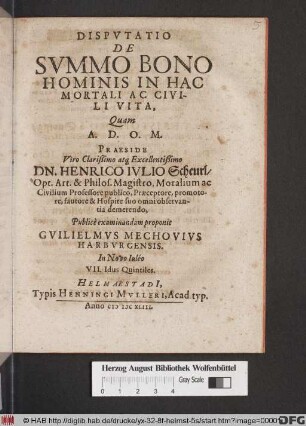 Disputatio De Summo Bono Hominis In Hac Mortali Ac Civili Vita