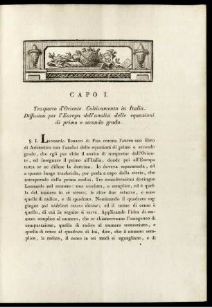 Capo I. Trasporto d'Oriente. Cultivamento in Italia. Equazioni di primo e secondo grado.