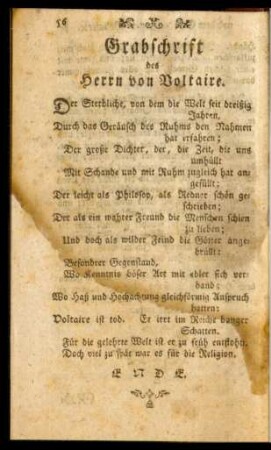Grabschrift des Herrn von Voltaire.