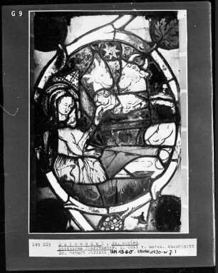 Mittleres Chorfenster mit Szenen aus dem Leben Jesu und Königs- und Prophetenreihe — Linke Fensterbahn mit Szenen aus Kindheit und Jugend Christi — Die Geburt Christi