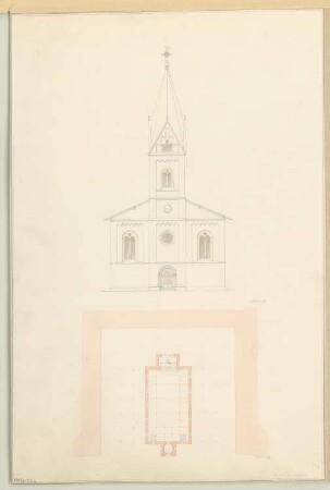Kirche Monatskonkurrenz März 1843: Grundriss Erdgeschoss, Aufriss Vorderansicht; Maßstabsangaben