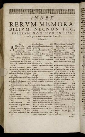 Index Rerum Memorabilium, Nec Non Propriorum Nominum In Hac secunda parte contentorum locupletissimus.