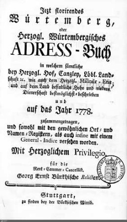 1778: Württembergisches Adressbuch, 1778