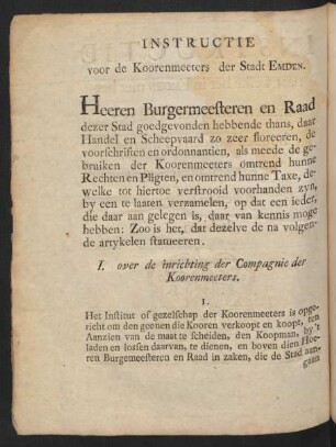 Instructie voor de Koorenmeeters der Stadt Emden.