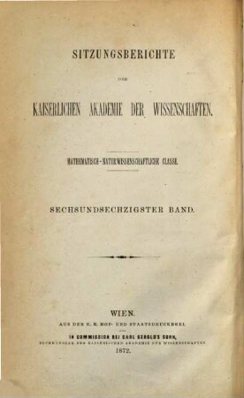Sitzungsberichte. Abteilung I, Biologie, Mineralogie, Erdkunde. 66. 1872