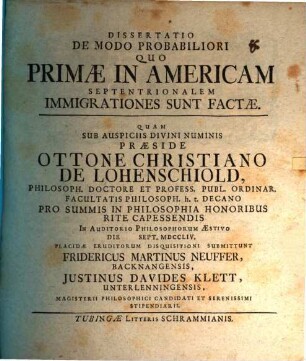 Diss. de modo probabiliori, quo primae in Americam septentrionalem immigrationes sunt factae