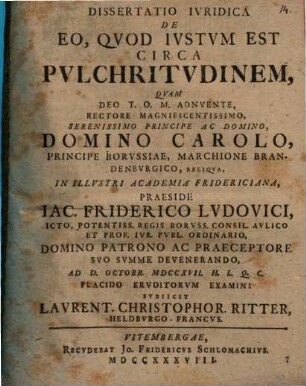 Diss. iur. de eo, quod iustum est circa pulchritudinem
