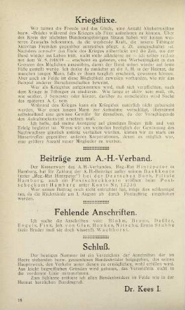 18 Kriegsfüxe. Beiträge zum A.-H.-Verband. Fehlende Anschriften. Schluß.
