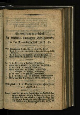 Verwaltungsausschuß der Hamburg-Altonaischen Bibel-Gesellschaft für das Verwaltungsjahr 1820-21.