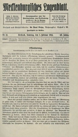 Nr. 12. Rostock, Sonntag, den 7. Februar 1914. [i.e. 1915]