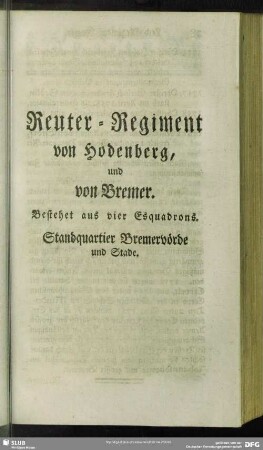 Reuter-Regiment von Hodenberg, und von Bremer : Bestehet aus vier Esquadrons. Standquartier Bremervörde Und Stade