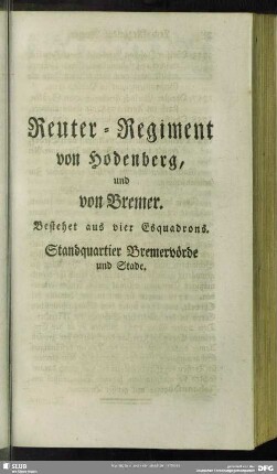 Reuter-Regiment von Hodenberg, und von Bremer : Bestehet aus vier Esquadrons. Standquartier Bremervörde Und Stade